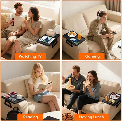 Lifewit Plastic Rotating Couch Armrest Table, Adjustable Sofa Arm Clip Holder Tray for Snack/Fast Food/Fruit/Drink, Large Foldable Stable Sofa Table with Reinforced Clamp, Black