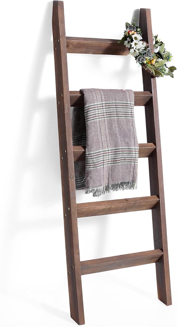 FUIN 5ft (58") Wood Blanket Ladder Living Room Decorative Wall Leaning Farmhouse Quilt Display Holder Rustic Wooden Towel Rack for Bathroom, Brown