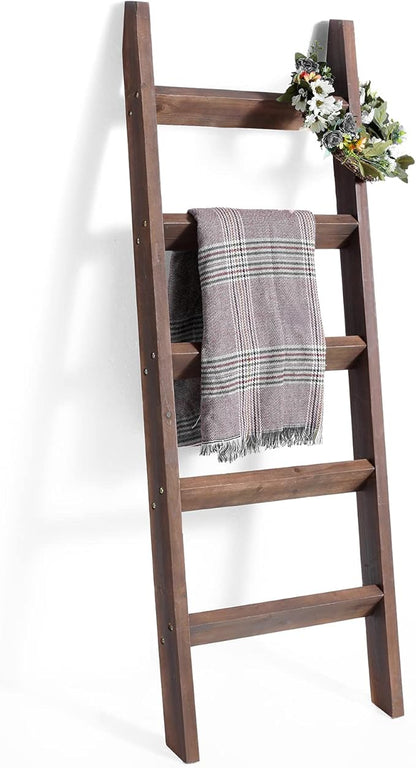 FUIN 5ft (58") Wood Blanket Ladder Living Room Decorative Wall Leaning Farmhouse Quilt Display Holder Rustic Wooden Towel Rack for Bathroom, Brown