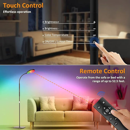 Floor Lamp, Adjustable Height Floor Lamps for Living Room Bedroom, 120 LED Super Bright Standing Lamp Remote Control Dimmable Gooseneck Tall Stand Reading Lamp for Office Craft, Black-RGB