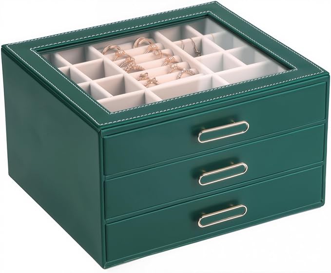 3 Layer Jewelry Organizer Box with Glass Lids & 3 Drawers - Elegant Storage Solution for Necklace, Rings，Earrings, and Bracelets - Perfect for Women ASK-301 (Green)