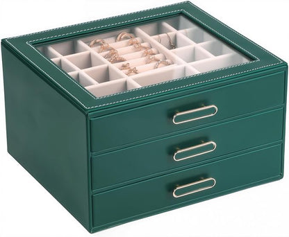 3 Layer Jewelry Organizer Box with Glass Lids & 3 Drawers - Elegant Storage Solution for Necklace, Rings，Earrings, and Bracelets - Perfect for Women ASK-301 (Green)