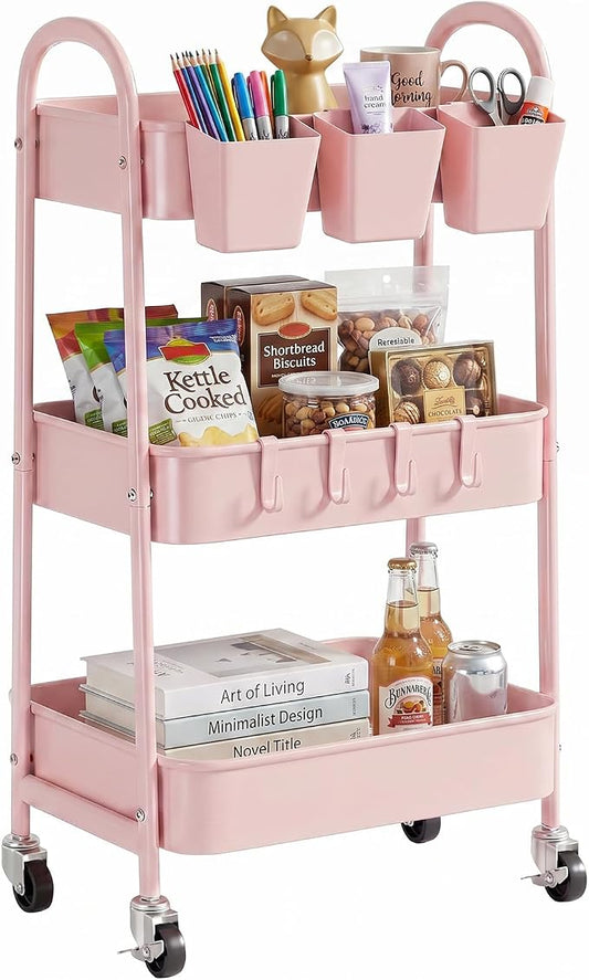 danpinera 3-Tier Rolling Cart, Utility Cart Mobile Metal Rolling Storage Cart with Lockable Wheels & Hanging Cups & Hooks for Kitchen, Bathroom, Office, Workshop, Pink