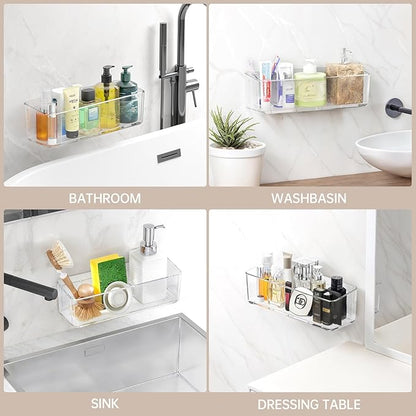 2 Pcs Clear Shower Shelf, Large Bathroom Wall Mounted Shower Caddy, No Drill Self Adhesive Bathroom Organizer with Self Adhesive Tape