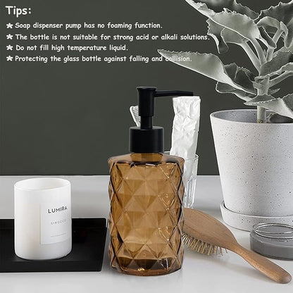 Brown Glass Soap Dispenser with Black Plastic Pump, 12oz Refillable Liquid Hand Soap Dispenser, 2 Pack Crystal Lotion Bottle for Modern Home Decor, Bathroom, Kitchen Countertop, Hotel