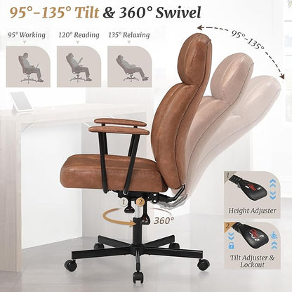 High Back Office Desk Chair, Breathable Ergonomic Leather Chair with 5-Layer Seat Cushion with 135°Reclining Lumbar Support Adjustable Height Rolling Swivel Executive Armrests Chair, Brown