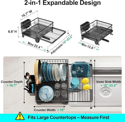 GSlife Expandable Dish Drying Rack for Kitchen Counter, Large Capacity 2-in-1 Rust Resistant Dish Drainer with Swivel Spout and Pull Out Over Sink Extension, 16.7" W x 12.6"-22.4" L, Black