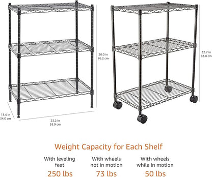Amazon Basics 3-Shelf Adjustable, Heavy Duty Storage Shelving Unit on 2'' PP Plastic Wheel Casters, Metal Organizer Wire Rack, 23.2" L x 13.4" W x 32.75" H, Black