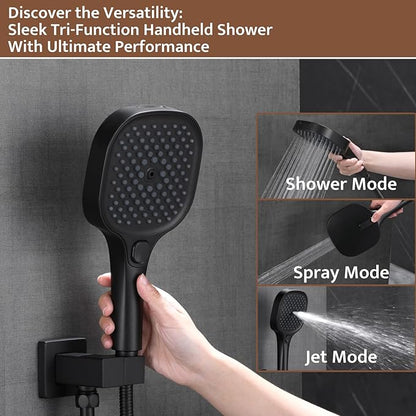 Shower System Matte Black, Push Button Diverter Shower Faucet with 3 in 1 Handheld, Ceiling Mount 12 Inch Shower Head with 6 Inch Wall Mount Shower Head