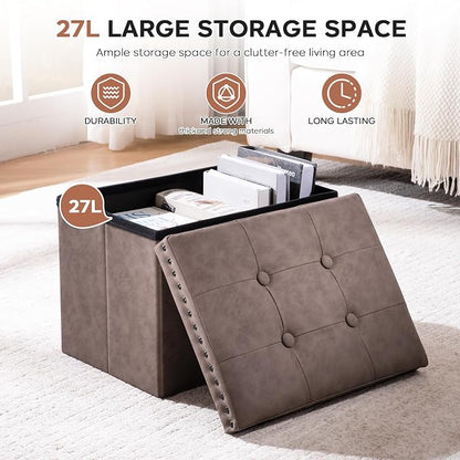 oakvivo 16x12x12 Inches Folding Cube Storage Ottoman, Small Leather Foot Rest Stool with Button Tufted Rivet Design, Footstool Bench, Ottoman with Storage for Living Room, Coffee Table, Oak Brown