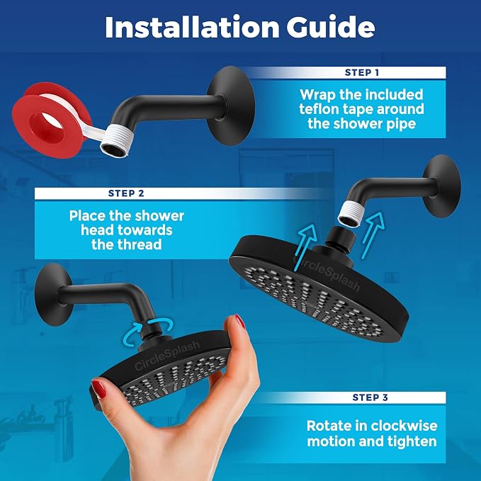 High Pressure Shower Head - Anti-Clogging Silicone Nozzles 2.5 GPM Removable Restrictor - Easy to Clean and Install - Includes Plumbers Tape - 6 inch - (Matte Black 2.5GPM)