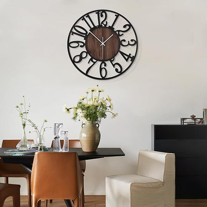LEIKE Large Wall Clocks,Silent,Non Ticking,Battery Operated Big Retro Round Modern Wood Wall Clock for Living Room, Bedroom,Dinning Room,Farmhouse,Office,Home Decor-20 Inch(Black-Arabic Number)