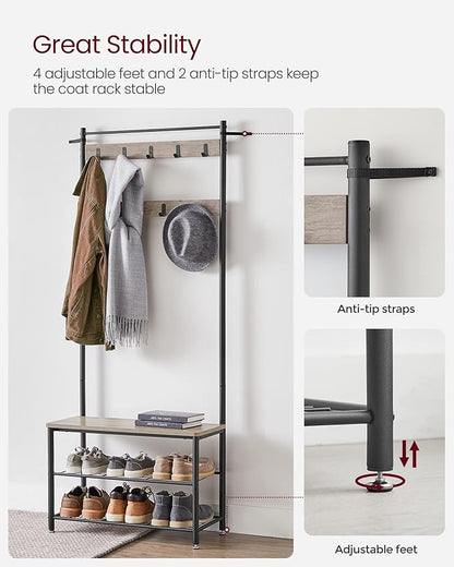 VASAGLE Coat Rack, Hall Tree with Shoe Storage Bench, Entryway Bench with Shoe Storage, 3-in-1, Steel Frame, for Entryway, 12.6 x 27.6 x 68.9 Inches, Industrial, Greige and Black UHSR41MB
