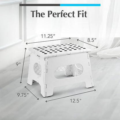 Handy Laundry Folding Lightweight Step Stool - Sturdy Enough to Support Adults - Opens Easy with One Flip - Great for Kitchen, Bathroom or Bedroom (White - 9 Inch)