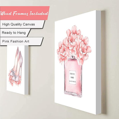 FRAMED Pink Makeup Room Canvas Wall Art, Fashion Woman Picture Wall Decor Paintings, Watercolor Perfume High Heels Lipstick Beauty Room Decor Pictures Arts for Girls Women Room Decor, (Set of 6, 8x10 in, Framed)