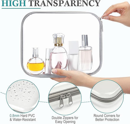 Sanwuta 6 Pcs Clear Hard Zipper Case Plastic Zipper Pouches Transparent Makeup Bag Pencil Case Pouches Toiletry Diaper Bag for Travel Toy Storage Organizer Bins(Gray,9.84 x 7.87 x 2 Inch)