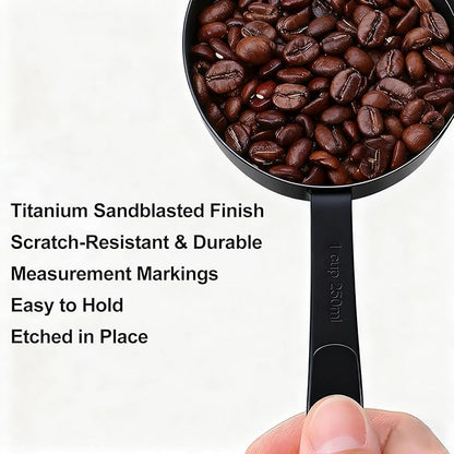 Measuring Cups and Spoons Set, Titanium-Plated Matte Black Stainless Steel 10 Piece for Cooking and Baking (5 Cups + 5 Spoons All Black)