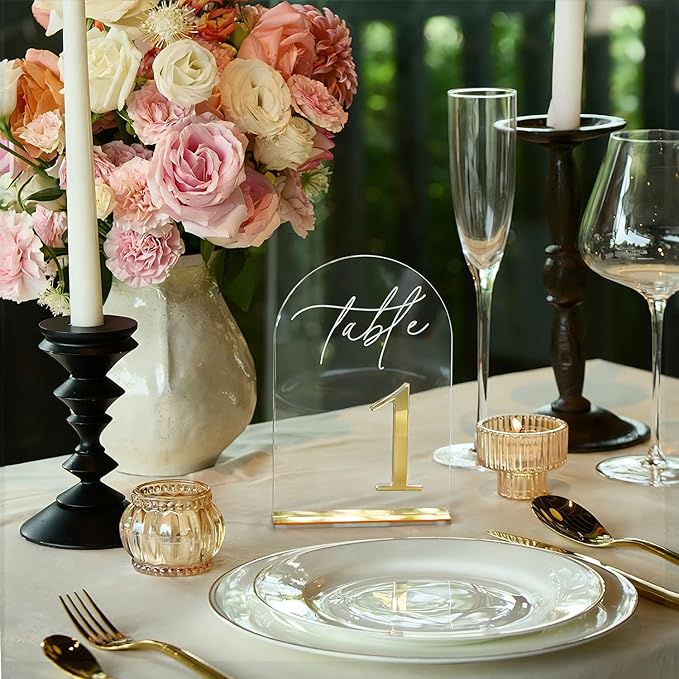Crystal Clear Acrylic Wedding Table Numbers 1-20 Set, Self-Standing Modern Arched Signs for Reception Seating, Anniversary & Bridal Shower, Elegant Wedding Decor (5x7 Inches)