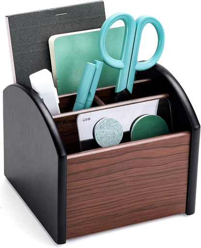 MaxGear Remote Control Holder Caddy, Wooden Desk Organizer with 4 Compartments, Multifunctional Storage for Remote Controls, TV & Office Supplies, Ideal for Tabletop