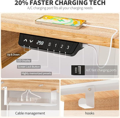 Kingant 48 x 30 Inch Electric Standing Desk with 4 Drawers, Adjustable Height Computer Desk for Home Office, Large Workstation Sit Stand Up Desk with Built-in USB A/C Charging Ports, Nature