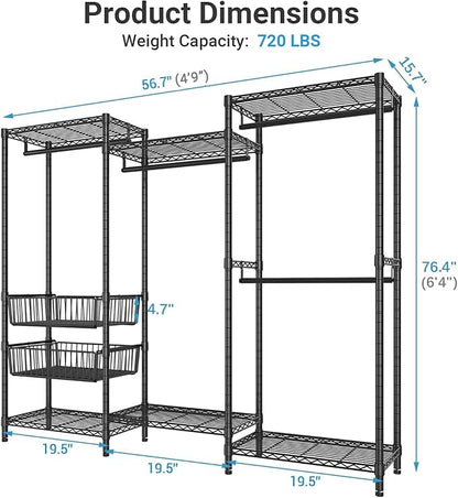 VIPEK V10 Medium Wire Garment Rack Heavy Duty Clothes Rack, Freestanding Closet Wardrobe Metal Clothing Rack with 2 Slid Baskets, 56.7" L x 15.7" W x 76.4" H, Max Load 720lbs, Black