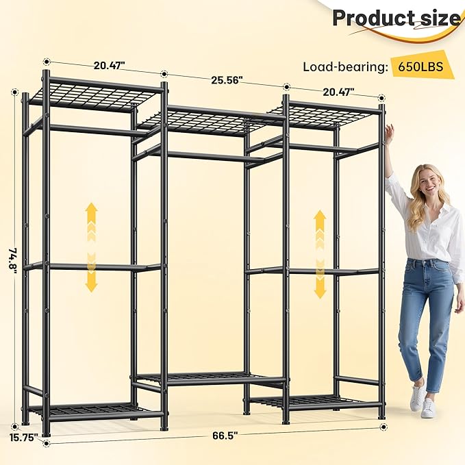 Raybee Portable Closet,Clothes Rack with 5 Hang Rods & 6 Shelves,Clothing Racks for Hanging Clothes,Metal Garment Rack for Bedroom,Large Capacity,Adjustable,Stury 66.5" Wx15.75 Dx74.8 H Black