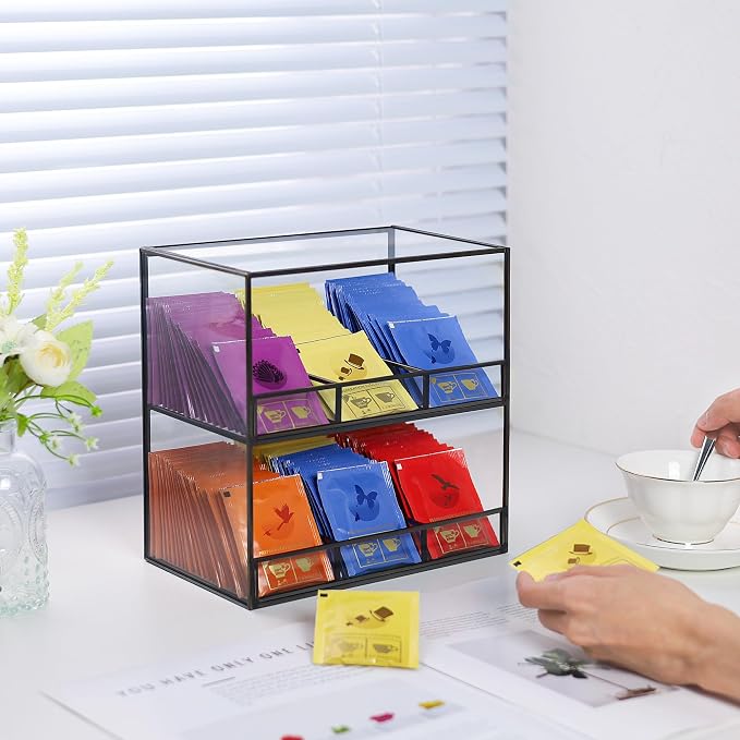 REDHUGO Glass Tea Bag Organizer for Counter, 2-Tier Teabag Organizer Storage Holder for Tea Bags, Glass Caddy Box Containers, Rack Teabag Station Stand for Cabinet Kitchen, 2-Tier, Black