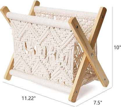 Mkono Macrame Magazine Rack Boho Storage Holder Standing Basket for Books, Newspapers, Swaddle Blanket, Dorm Essentials, Living Room, Bathroom, Office, Nursery, Home Decor, Small Size, 11.2”L x 7.5”W