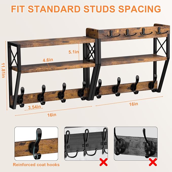 Upgraded 3-Tier Large Coat Rack Wall Mount with Shelf, 4 in 1 Versatile Coat and Key Hanger Wall Mount, 32-inch Entryway Wall Shelf with 12 Hooks and Mail Holder for Living Room Bedroom Bathroom