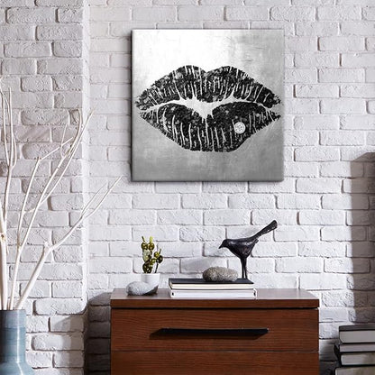 7CANVAS Black and Grey Wall Art Decor Woman Sexy Lips Painting Prints on Canvas Framed Artwork for Home Bedroom Bathroom Salon Decor Framed 12x12Inch