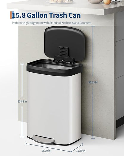 Garvee 16 gal / 60 L Metal Trash Can with Lid, Large Garbage Can for Kitchen, Rustproof Step-on Kitchen Metal Trash Bin with Liner Rim, Rear Handle, Soft Close Plastic Lid, White