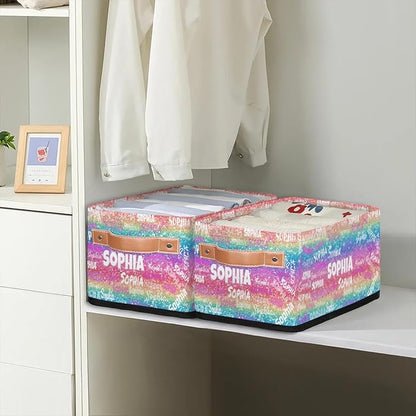 Personalized Name Small Storage Basket with Handles, Canvas Storage Bins Toys Organizer for Bedroom, Bathroom, Nursery, Shelves, Closets, Colorful Sparkly Bling Glitters Pink Blue Yellow