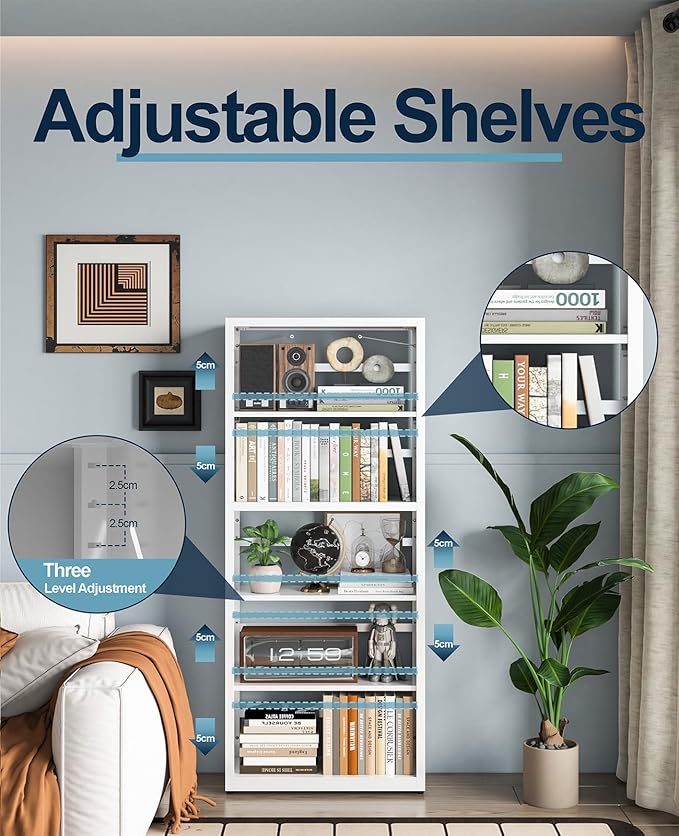 Heavy-Duty Metal Bookcase, 5-Tier Adjustable Bookshelf with Anti-Tip Kit & Leveling Feet, Heavy-Duty Metal Storage Organizer, Modern Display Shelves for Kitchen, Garage, Home Office