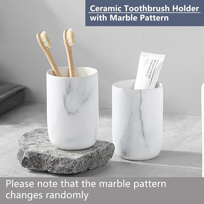 Marble Toothbrush Holders for Bathrooms - 1 Cups Ceramic Toothbrush Toothpaste Holders, White Marble Bathroom Tumbler Cups Reusable Toothbrush Mouthwash Cup, Bathroom Counter Organizer.