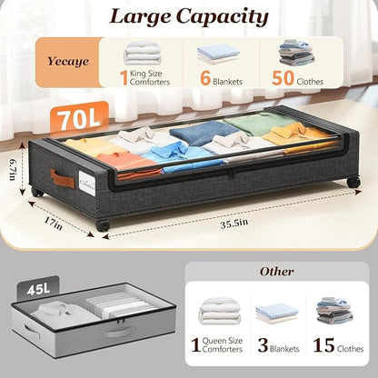Yecaye 70 L Under Bed Storage with Wheels, 3 Pack Larger Capacity Under Bed Storage Containers, Underbed Shoe Storage Organizer, Rolling Under Bed Metal Drawers for Clothes, Blankets, Hemp Grey