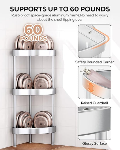 Nieifi Corner Shower Caddy Stand-4 Tier Rustproof Anodized Aluminum Standing Shower Organizer-Shower Caddy Corner-Dual Stability to Anti-Shaking-Height-Adjustable Legs for Uneven Surfaces-Silver