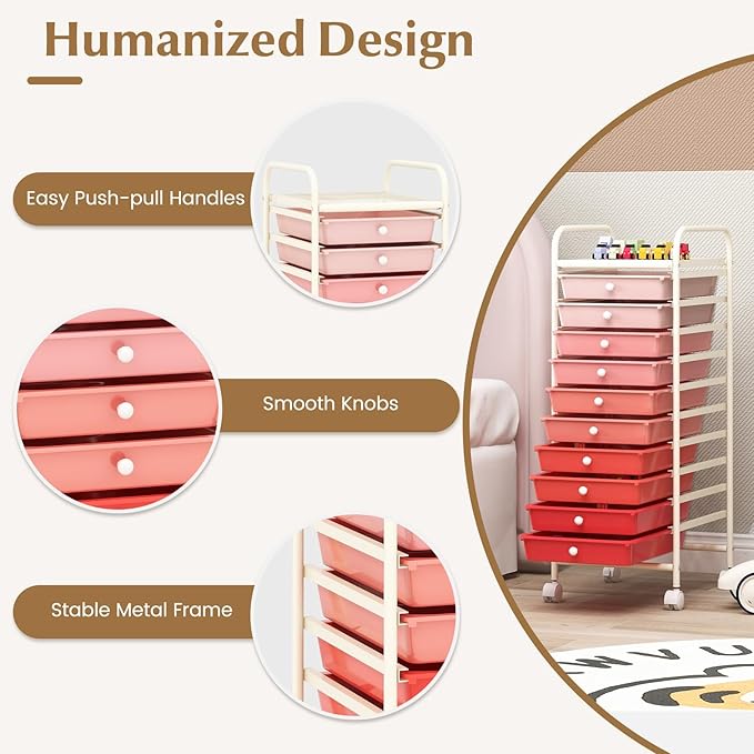 RELAX4LIFE Craft Organizers and Storage Cart - Rolling Cart with 10 Drawers, Lockable Casters for Tools, Trolley Cart with Wheels, Utility Cart for School, Home Office, Craft Cart (Gradient Pink)