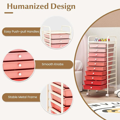 RELAX4LIFE Craft Organizers and Storage Cart - Rolling Cart with 10 Drawers, Lockable Casters for Tools, Trolley Cart with Wheels, Utility Cart for School, Home Office, Craft Cart (Gradient Pink)