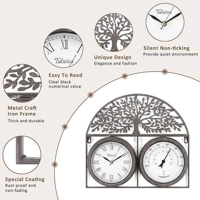 17Inch Large Outdoor Clock,Waterproof Wall Clock with Thermometer,Weatherproof Non-Ticking Quartz Battery Operated Decor Clock for Patio,Garden,Pool,Porch,House Warming Gifts