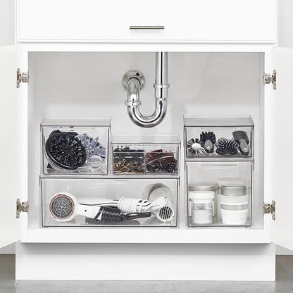 mDesign Plastic Stackable Bathroom Storage Organizer Bin Containers with Front Pull Drawer for Bathroom Countertop, Vanity, Closet Shelves - Holder for Beauty Accessories - Lumiere Collection - Clear