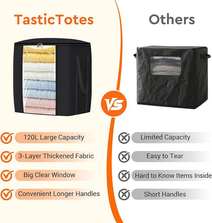 TasticTotes 120L Extra Large Clothes Storage Bags, Foldable Blanket Storage and Organization, Thick Fabric Containers with Reinforced Handles & Zippers for Clothing, Comforters, Bedding, Black, 4 Pack