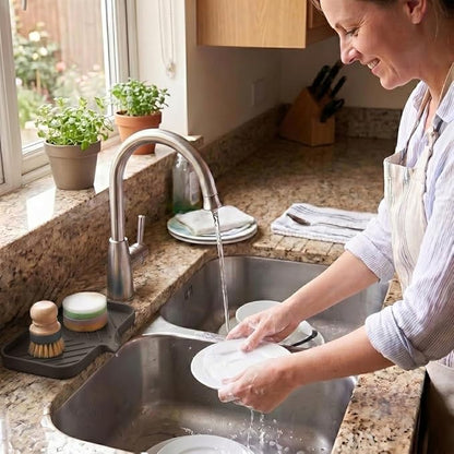 MicoYang Silicone Soap Dish with Drain Spout — Self-Draining Sink Organizer Tray for Bathroom & Kitchen, Sponges, Dispensers & Soap Holder, Non-Slip & Dishwasher Safe, Coffee (Medium, 9.6"×5.3")