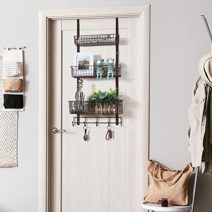 ETELI Over the Door Basket Organizer 3 Tier Hanging Basket Door Shelf Rack Heavy Duty Over Door Pantry Organizer with 3 Metal Baskets for Kitchen Bathroom Bedroom Living Room, Dark Brown