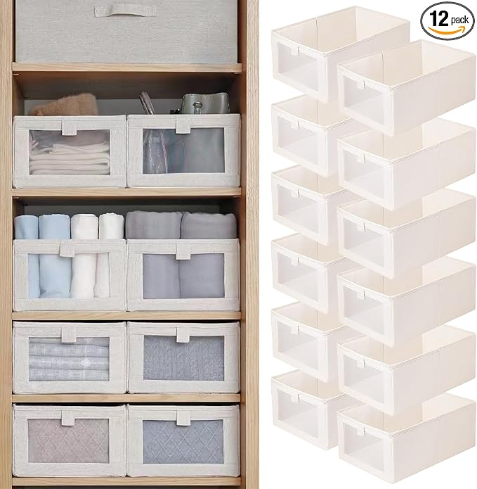 Linen Closet Organizers And Storage, 12 Pack Closet Storage Bins Linen Closet Baskets for Closet Organization Foldable Closet Organizer Bins with Clear Window For Organizing Clothing, Jeans, Shelves
