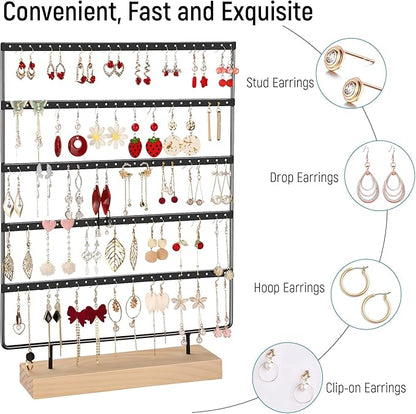 Earring Holder Organizer, 5-Tier Earring Organizer with 60-Pair Capacity, Wooden Base Metal Earring Display, Jewelry Storage & Display for Home Store, Suitable for Women