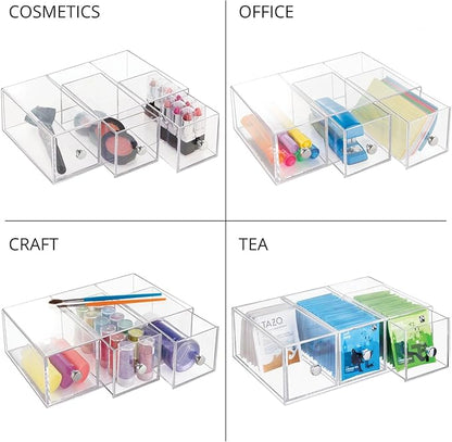 mDesign Plastic Kitchen Pantry Stackable Storage Organizer Container Station with 3 Drawers for Cabinet, Countertop, Holds Coffee, Tea, Sugar Packets, Creamers - Lumiere Collection - Clear