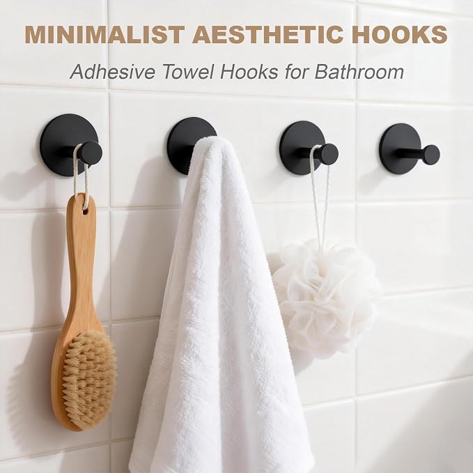 Towel Hooks for Bathroom (4 Pack) Adhesive Towel Hook Shower Hooks for Inside Shower - Sticky Bathroom Wall Hooks for Hanging Towels, Robe, Loofah, Bath Sponge (Style 2 - Black)