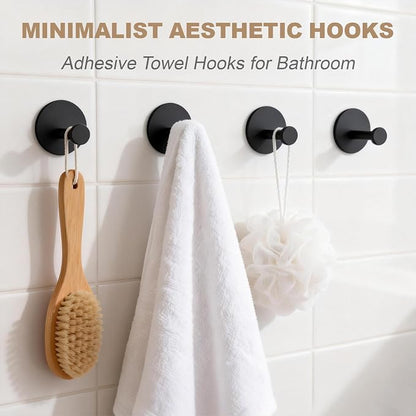 Towel Hooks for Bathroom (4 Pack) Adhesive Towel Hook Shower Hooks for Inside Shower - Sticky Bathroom Wall Hooks for Hanging Towels, Robe, Loofah, Bath Sponge (Style 2 - Black)