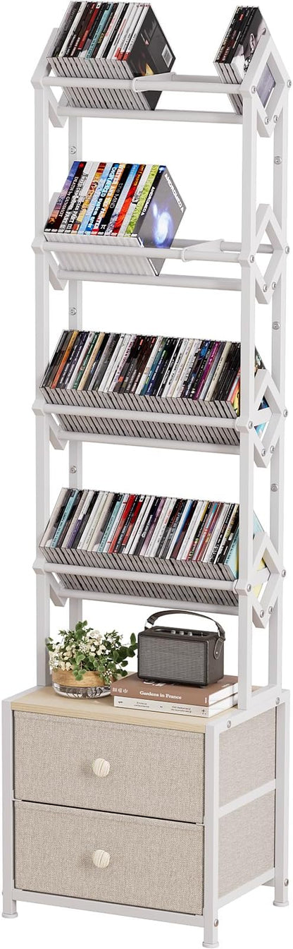 CD Storage Rack with Drawers, 5-Tier Media Organizer DVD Storage Shelf, Large Capacity for CD/DVD, Books & Games, Ideal for Living Room & Home Office, 15.7×11.8×58.7Inches