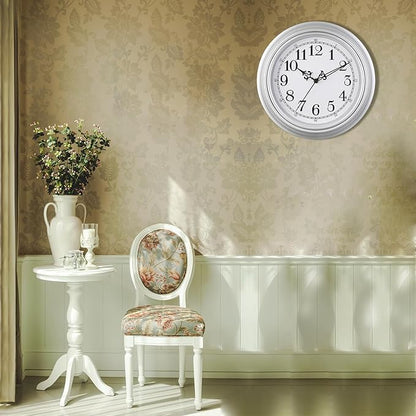 Plumeet Retro Wall Clock, 12'' Non Ticking Classic Silent Vintage Wall Clocks Decorative Kitchen Living Room Bedroom - Battery Operated, Silver